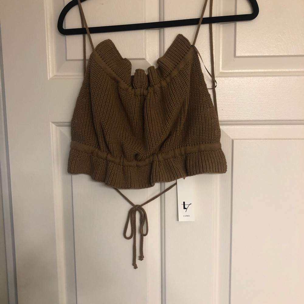 Brown Ribbed Tie Front Crop Camisole
